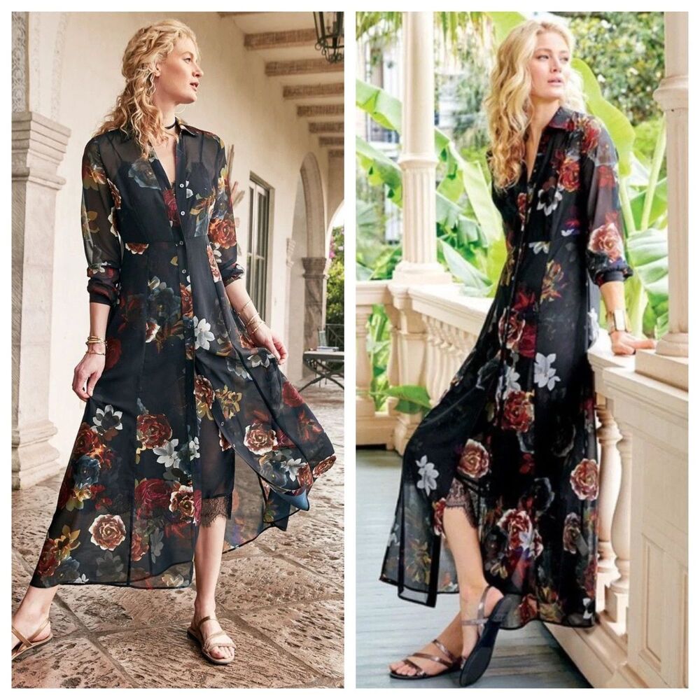 Soft Surroundings Navy Floral Maxi Dress size XS